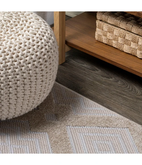 Duwun High-Low Pile Ogee Trellis Tone-on-Tone Beige/Gray 2 ft. x 10 ft. Indoor/Outdoor Runner Rug