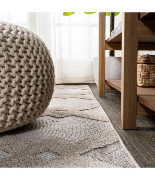 Duwun High-Low Pile Ogee Trellis Tone-on-Tone Beige/Gray 2 ft. x 10 ft. Indoor/Outdoor Runner Rug