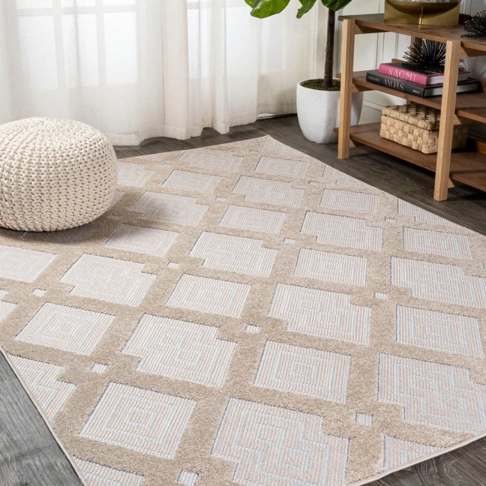 Duwun High-Low Pile Ogee Trellis Tone-on-Tone Beige/Gray 3 ft. x 5 ft. Indoor/Outdoor Area Rug