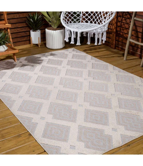 Duwun High-Low Pile Ogee Trellis Tone-on-Tone Beige/Gray 8 ft. x 10 ft. Indoor/Outdoor Area Rug