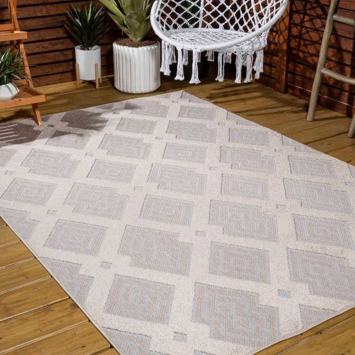 Duwun High-Low Pile Ogee Trellis Tone-on-Tone Beige/Gray 3 ft. x 5 ft. Indoor/Outdoor Area Rug