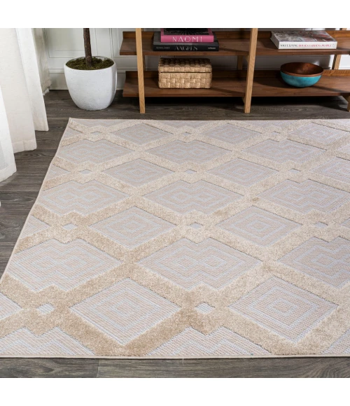Duwun High-Low Pile Ogee Trellis Tone-on-Tone Beige/Gray 8 ft. x 10 ft. Indoor/Outdoor Area Rug