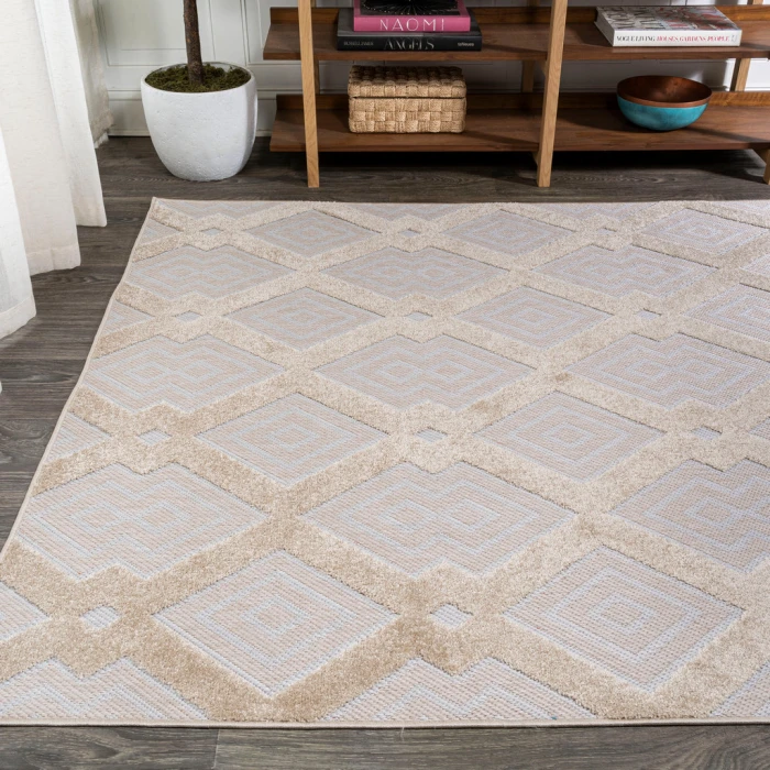 Duwun High-Low Pile Ogee Trellis Tone-on-Tone Beige/Gray 3 ft. x 5 ft. Indoor/Outdoor Area Rug
