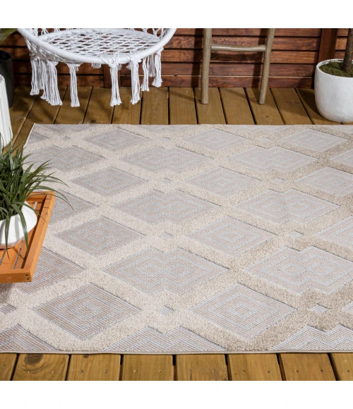 Duwun High-Low Pile Ogee Trellis Tone-on-Tone Beige/Gray 8 ft. x 10 ft. Indoor/Outdoor Area Rug