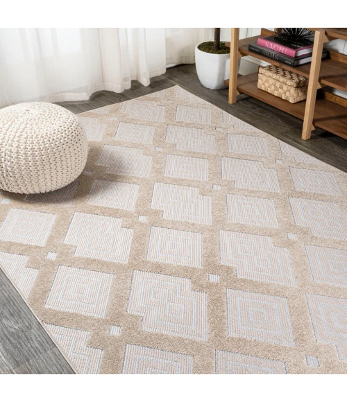 Duwun High-Low Pile Ogee Trellis Tone-on-Tone Beige/Gray 8 ft. x 10 ft. Indoor/Outdoor Area Rug