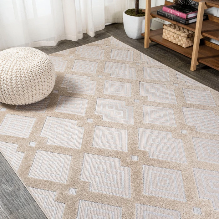 Duwun High-Low Pile Ogee Trellis Tone-on-Tone Beige/Gray 3 ft. x 5 ft. Indoor/Outdoor Area Rug