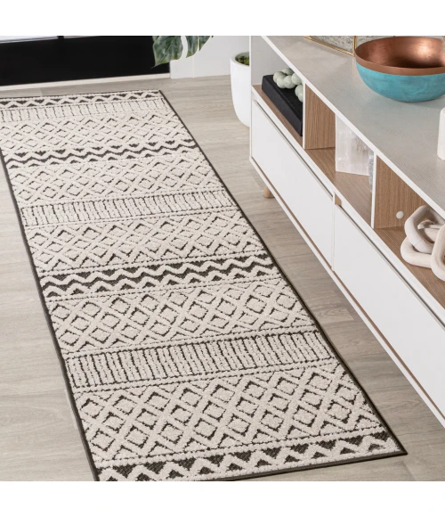 Ormond High-Low Modern Trellis Geometric Cream/Black 2 ft. x 8 ft. Indoor/Outdoor Runner Rug