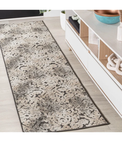 Duenas High-Low Shabby Damask Cream/Beige/Dark Gray 2 ft. x 8 ft. Indoor/Outdoor Runner Rug