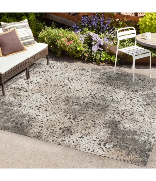 Duenas High-Low Shabby Damask Cream/Beige/Dark Gray 3 ft. x 5 ft. Indoor/Outdoor Area Rug