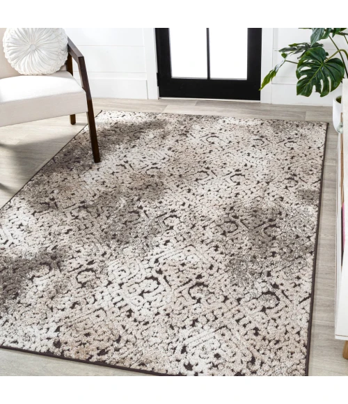 Duenas High-Low Shabby Damask Cream/Beige/Dark Gray 3 ft. x 5 ft. Indoor/Outdoor Area Rug
