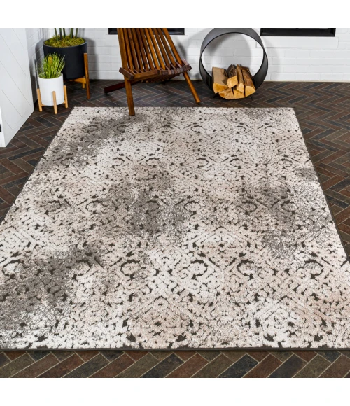 Duenas High-Low Shabby Damask Cream/Beige/Dark Gray 3 ft. x 5 ft. Indoor/Outdoor Area Rug