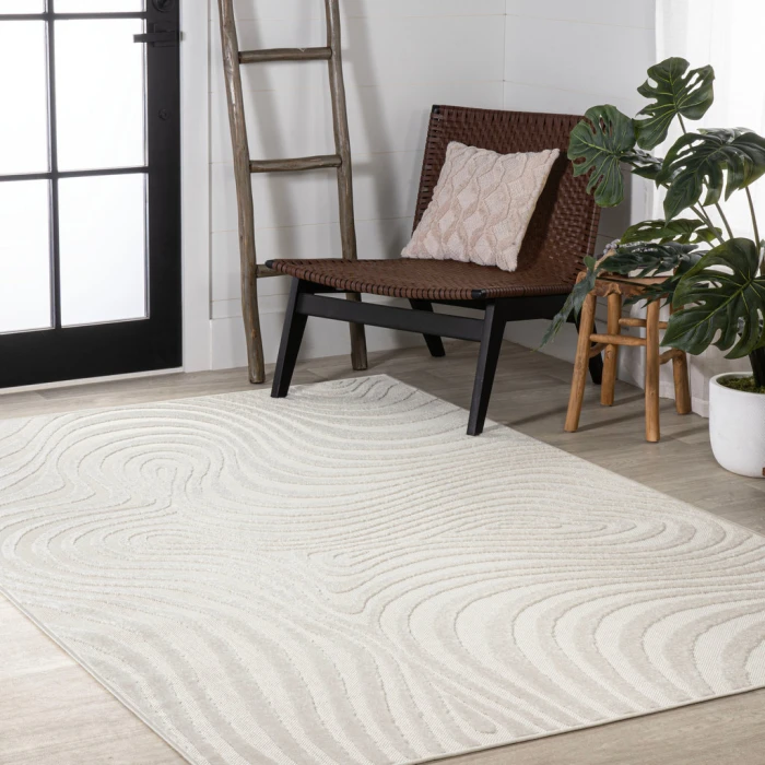 Maribo Abstract Groovy Striped Cream/Ivory 5 ft. x 8 ft. Area Rug