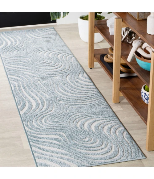 Maribo Abstract Groovy Striped Light Blue/Ivory 2 ft. x 8 ft. Runner Rug
