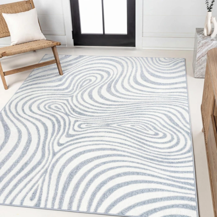Maribo Abstract Groovy Striped Light Blue/Ivory 5 ft. x 8 ft. Area Rug