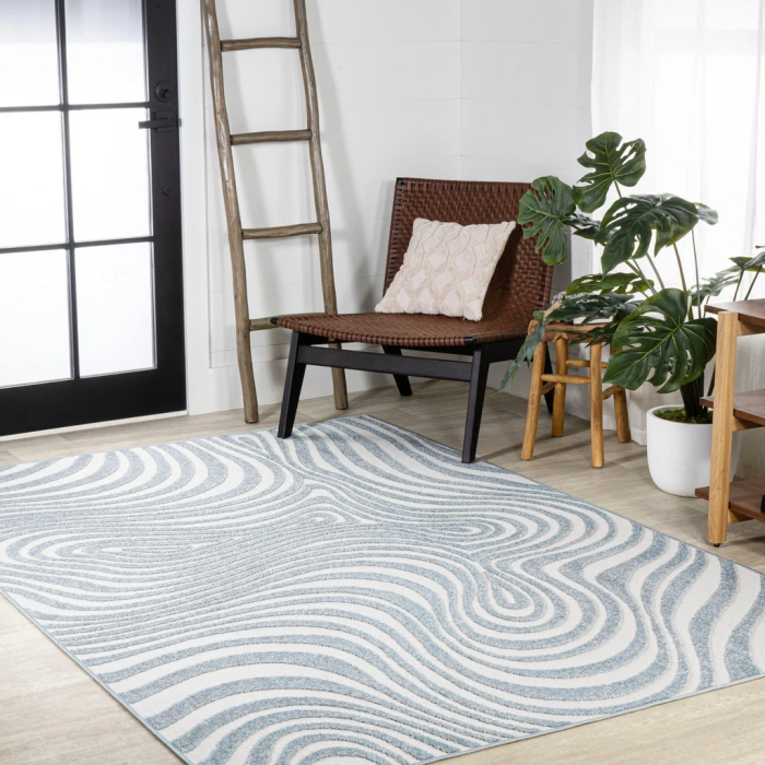 Maribo Abstract Groovy Striped Light Blue/Ivory 5 ft. x 8 ft. Area Rug