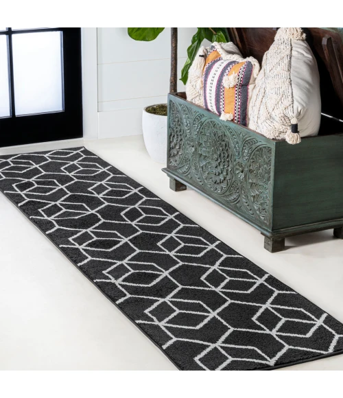 Tumbling Blocks Modern Geometric Black/White 2 ft. x 8 ft. Runner Rug