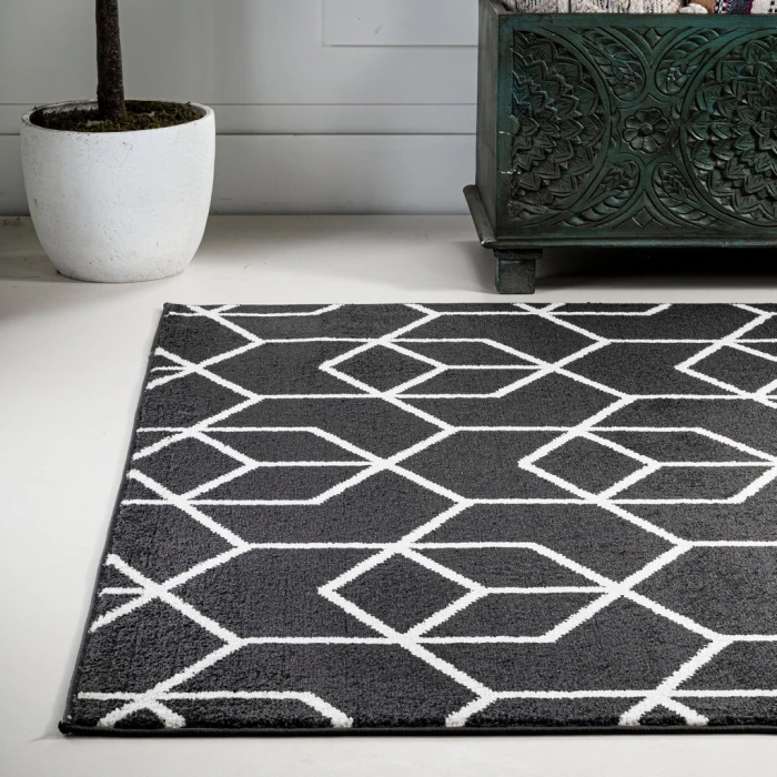Tumbling Blocks Modern Geometric Black/White 3 ft. x 5 ft. Area Rug