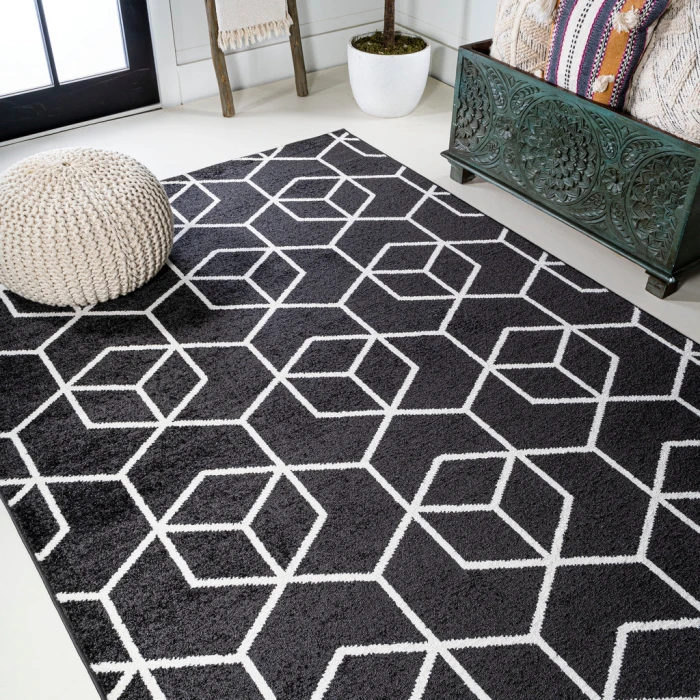 Tumbling Blocks Modern Geometric Black/White 3 ft. x 5 ft. Area Rug
