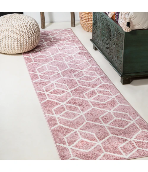Tumbling Blocks Modern Geometric Rose/White 2 ft. x 8 ft. Runner Rug