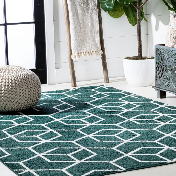 Tumbling Blocks Modern Geometric Green/White 8 ft. x 10 ft. Area Rug