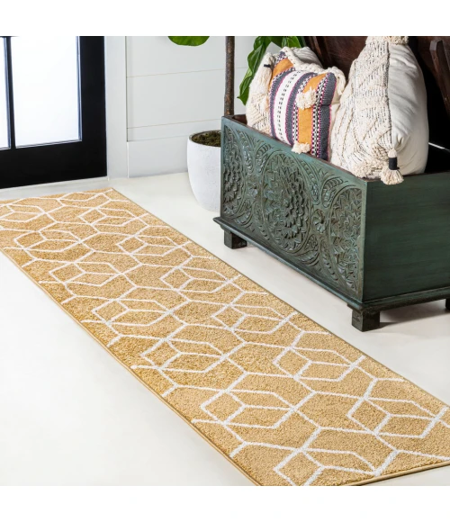 Tumbling Blocks Modern Geometric Gold/White 2 ft. x 8 ft. Runner Rug