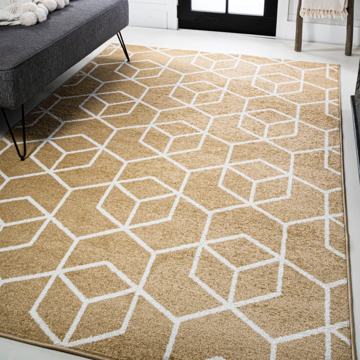 Tumbling Blocks Modern Geometric Gold/White 8 ft. x 10 ft. Area Rug