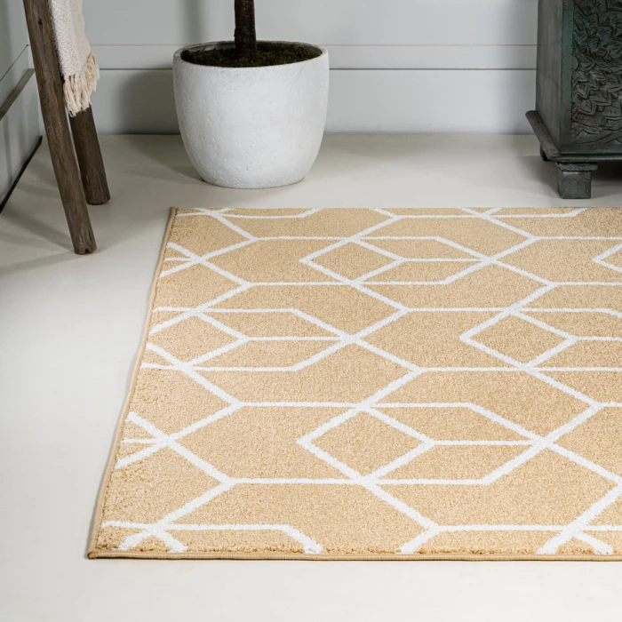 Tumbling Blocks Modern Geometric Gold/White 8 ft. x 10 ft. Area Rug