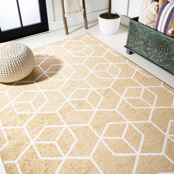 Tumbling Blocks Modern Geometric Gold/White 8 ft. x 10 ft. Area Rug