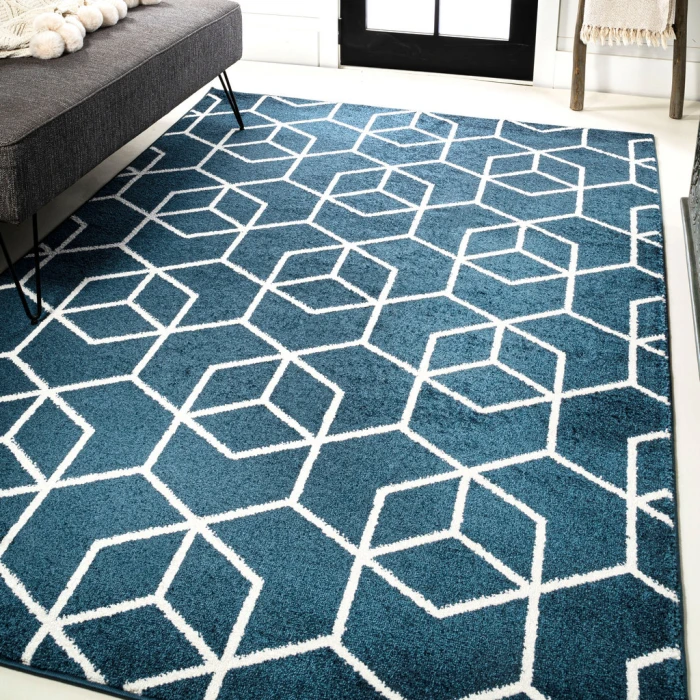 Tumbling Blocks Modern Geometric Navy/White 8 ft. x 10 ft. Area Rug