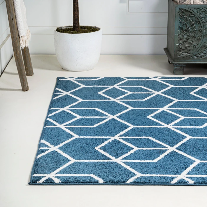 Tumbling Blocks Modern Geometric Navy/White 8 ft. x 10 ft. Area Rug