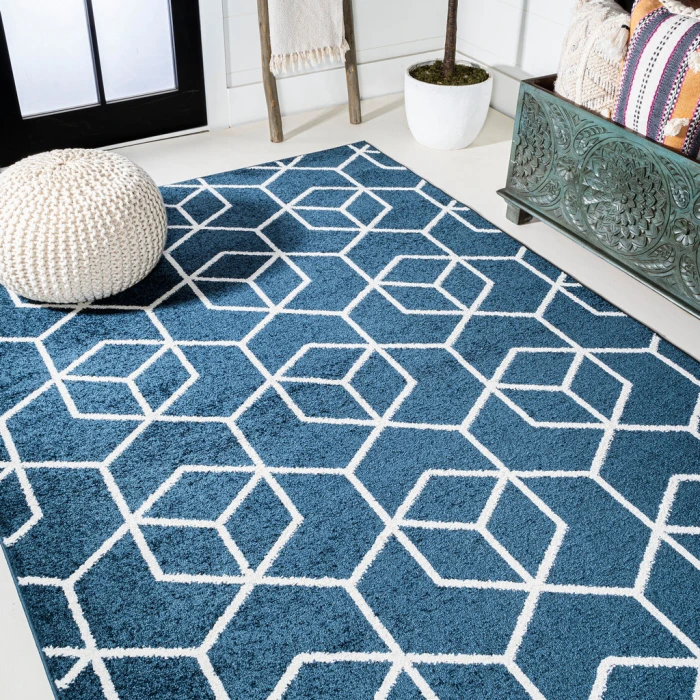 Tumbling Blocks Modern Geometric Navy/White 8 ft. x 10 ft. Area Rug