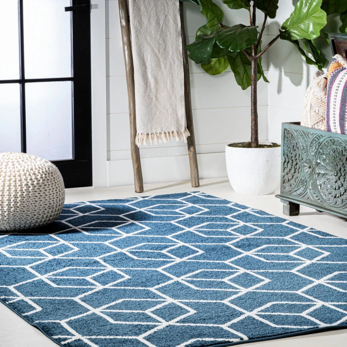 Tumbling Blocks Modern Geometric Navy/White 8 ft. x 10 ft. Area Rug
