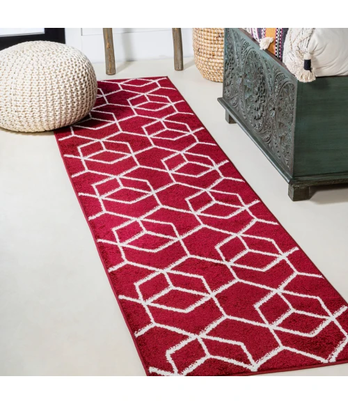 Tumbling Blocks Modern Geometric Red/White 2 ft. x 8 ft. Runner Rug