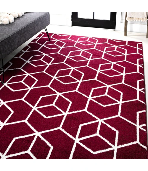 Tumbling Blocks Modern Geometric Red/White 8 ft. x 10 ft. Area Rug