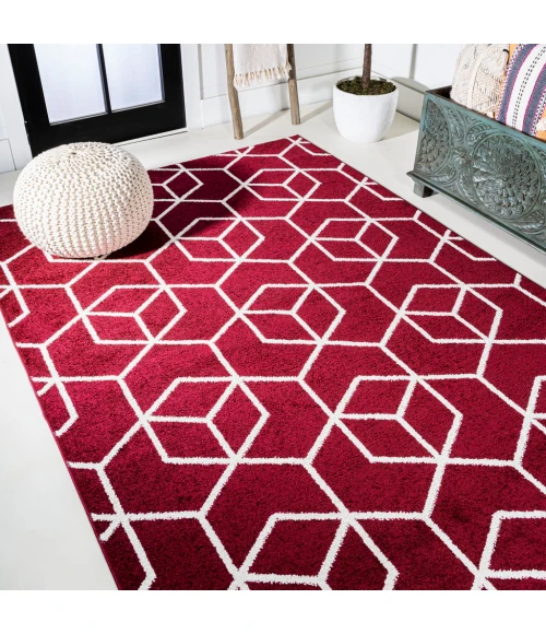 Tumbling Blocks Modern Geometric Red/White 8 ft. x 10 ft. Area Rug