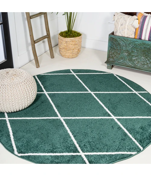 Cole Minimalist Diamond Trellis Green/White 5' Round Area Rug