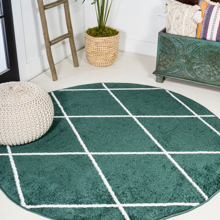 Cole Minimalist Diamond Trellis Green/White 5' Round Area Rug
