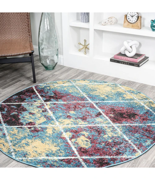 Cole Minimalist Diamond Trellis Multi/White 5' Round Area Rug