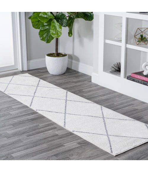 Cole Minimalist Diamond Trellis White/Gray 2 ft. x 10 ft. Runner Rug