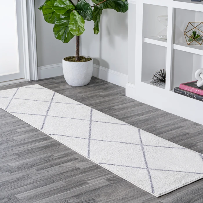 Cole Minimalist Diamond Trellis White/Gray 2 ft. x 8 ft. Runner Rug