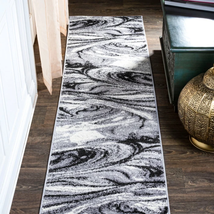 Viscon Abstract Marble Contemporary Light Gray/Black 2 ft. x 10 ft. Runner Rug