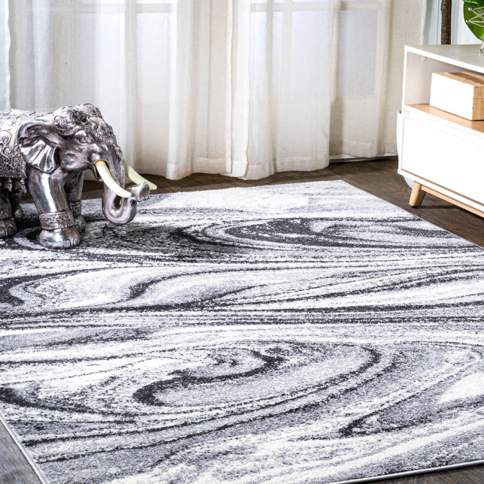 Viscon Abstract Marble Contemporary Light Gray/Black 5 ft. x 8 ft. Area Rug