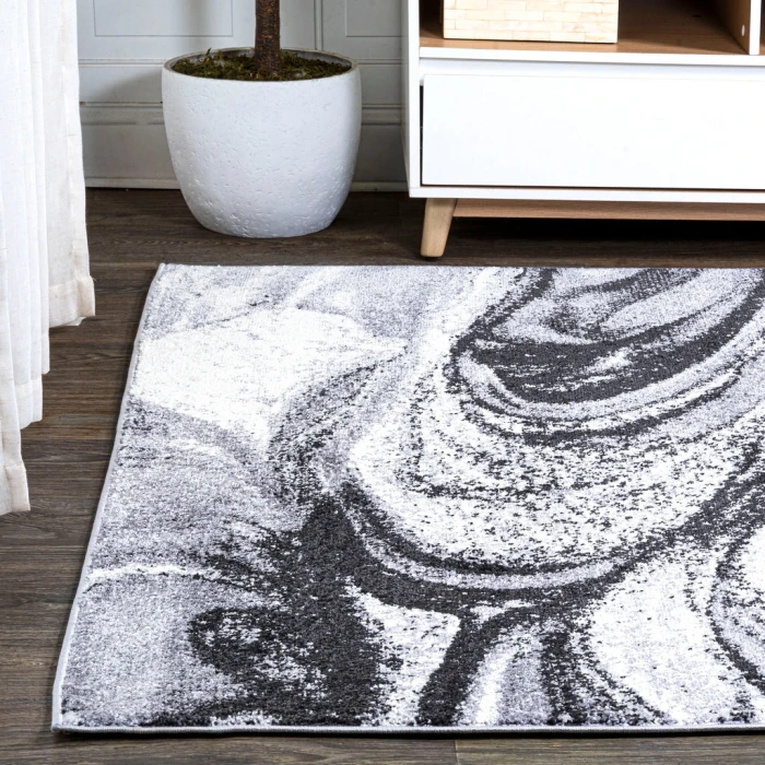 Viscon Abstract Marble Contemporary Light Gray/Black 5 ft. x 8 ft. Area Rug