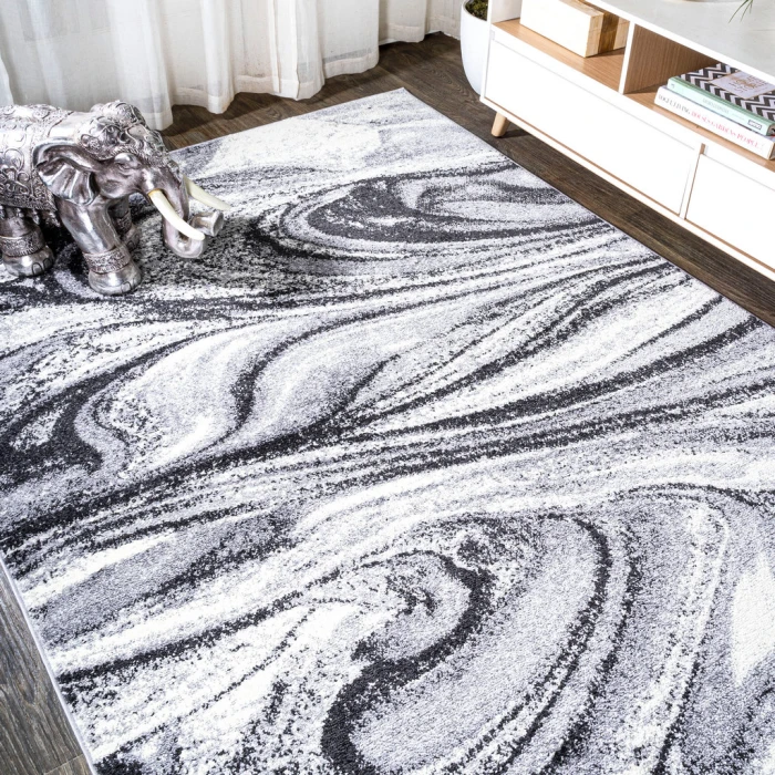 Viscon Abstract Marble Contemporary Light Gray/Black 5 ft. x 8 ft. Area Rug