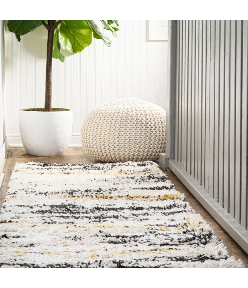 Nova Modern Bold Strie' Shag Beige/Black/Yellow 2 ft. x 8 ft. Runner Rug