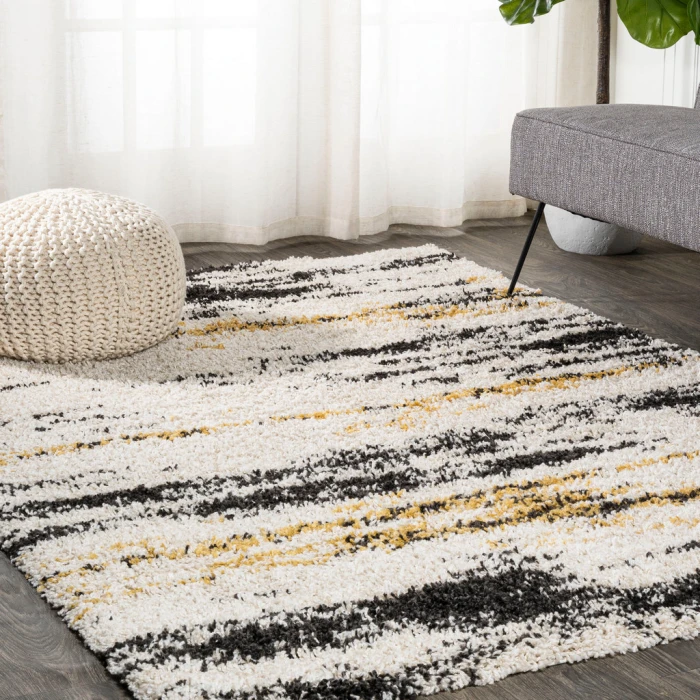 Nova Modern Bold Strie' Shag Beige/Black/Yellow 3 ft. x 5 ft. Area Rug