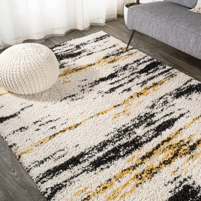 Nova Modern Bold Strie' Shag Beige/Black/Yellow 3 ft. x 5 ft. Area Rug