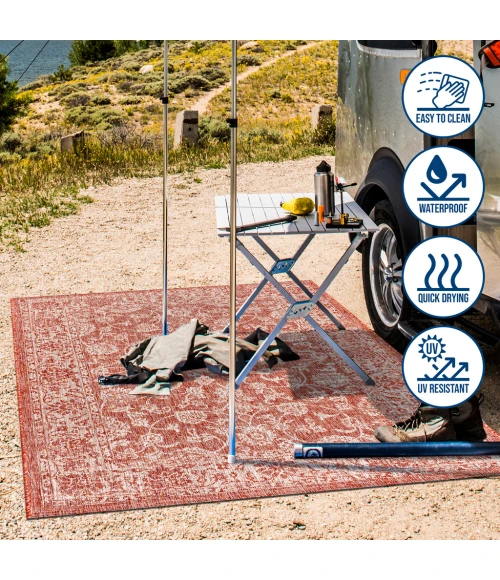 Tela Bohemian Textured Weave Floral Red/Taupe 2 ft. x 8 ft. Indoor/Outdoor Runner Rug