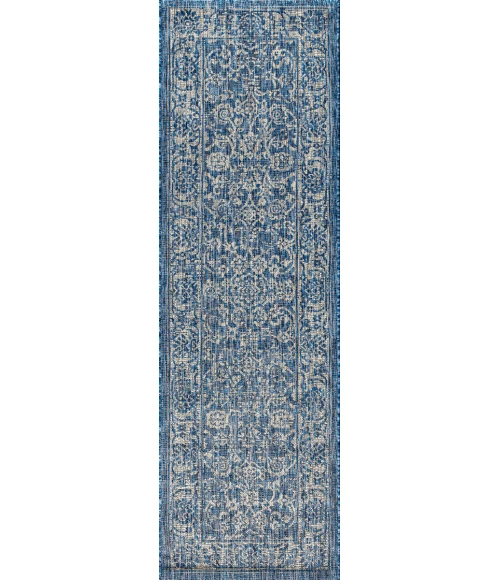 Tela Bohemian Textured Weave Floral Navy/Gray 2 ft. x 8 ft. Indoor/Outdoor Runner Rug