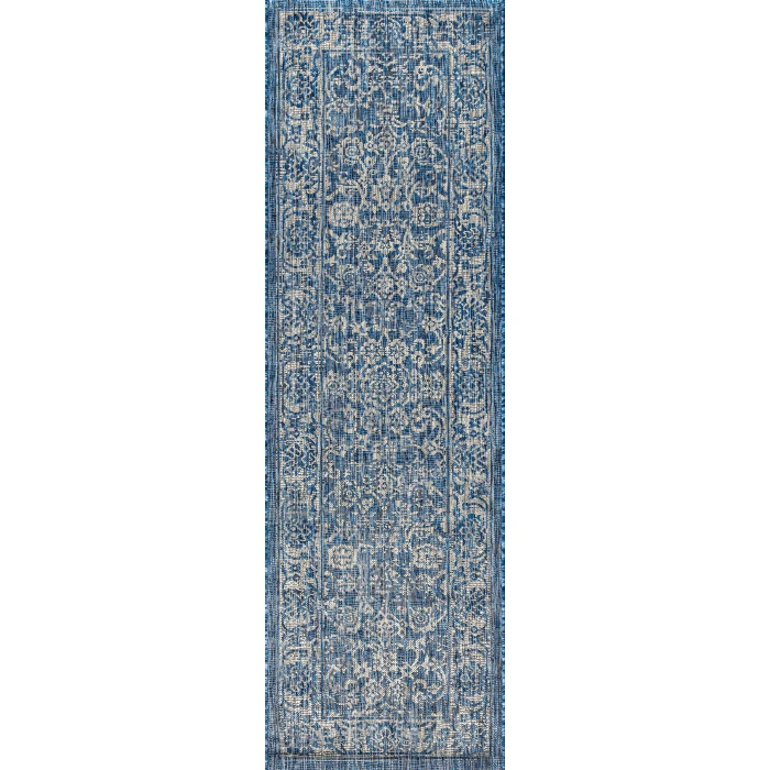 Tela Bohemian Textured Weave Floral Navy/Gray 2 ft. x 8 ft. Indoor/Outdoor Runner Rug